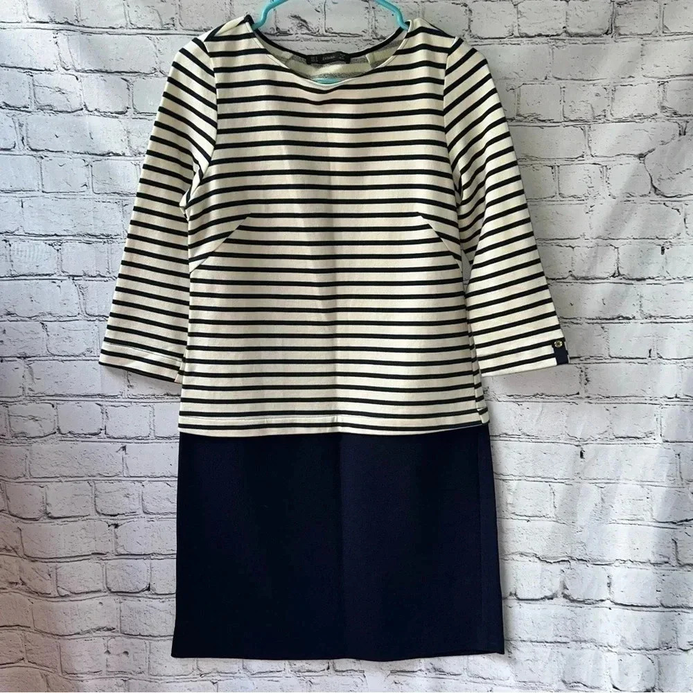 Zara Basics Nautical Sheath Dress Navy Blue Striped size‎ Small